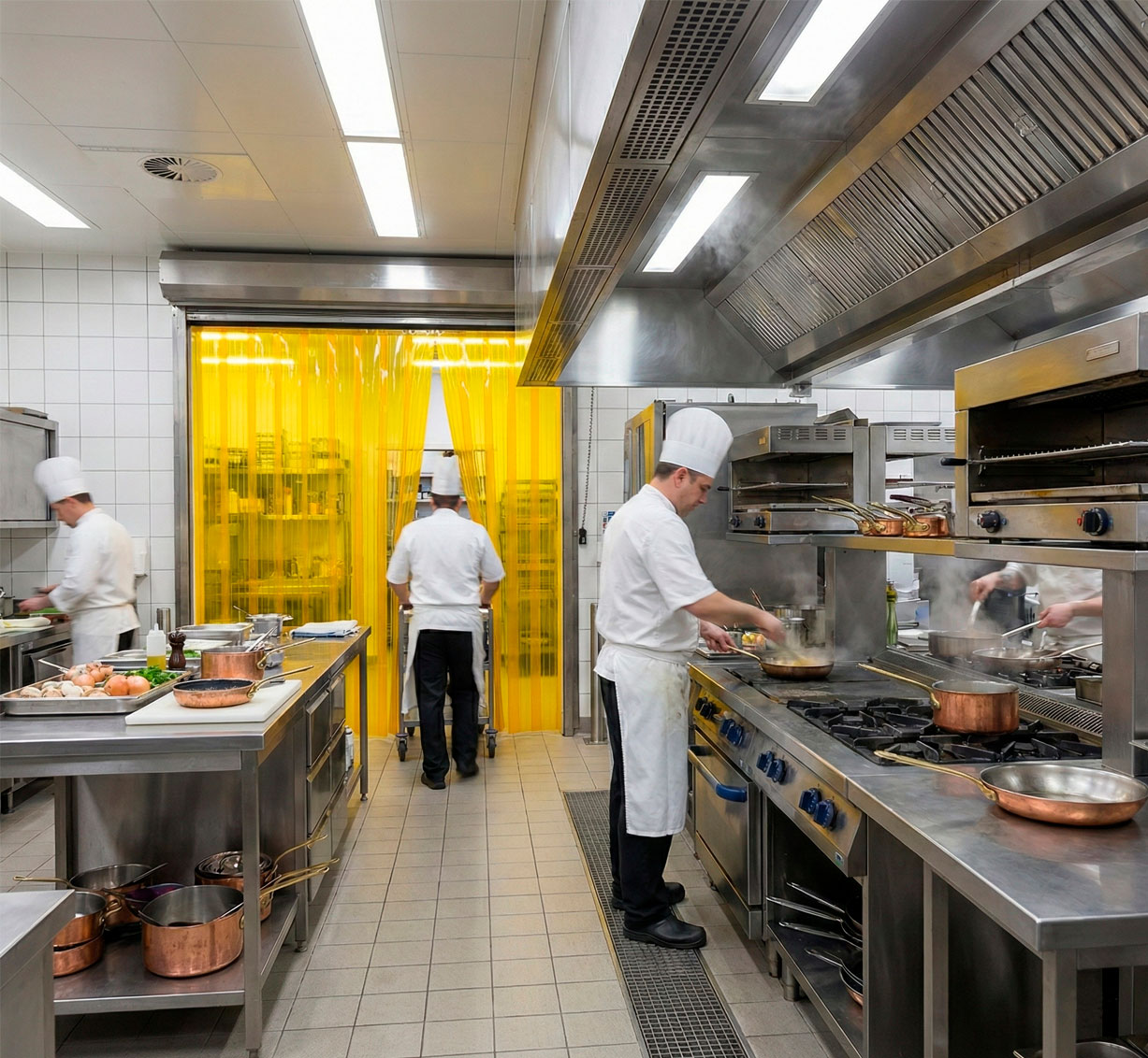 Cortina de lamas PVC antiinsectos instalada en puerta de cocina industrial